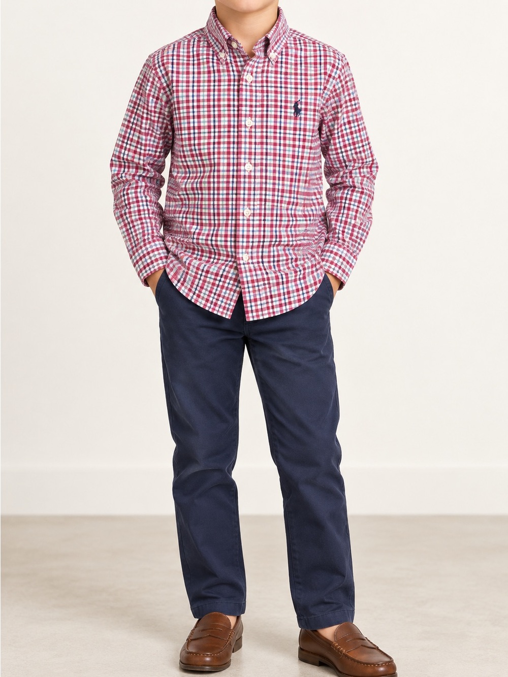 Ralph Lauren Boys Size 7 Pink Multicolor Plaid Button-Down Shirt